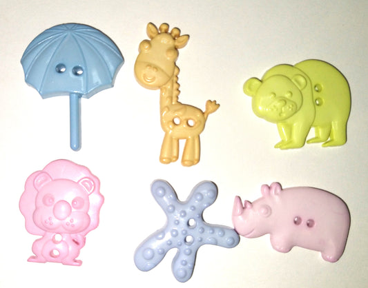 (6) Pastel varied animals plastic Buttons69B