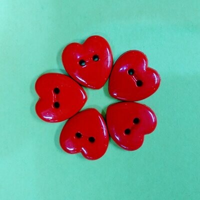 (5)  Red 3/4" heart plastic Buttons 65