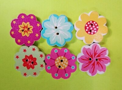 (6)  Multi-colored 3/4" round, Wooden Buttons 49